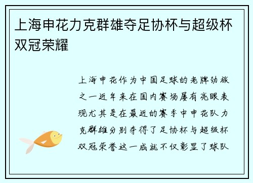 上海申花力克群雄夺足协杯与超级杯双冠荣耀 上海申花力克群雄夺足协杯与超级杯双冠荣耀