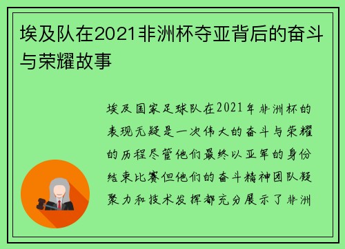 埃及队在2021非洲杯夺亚背后的奋斗与荣耀故事 埃及队在2021非洲杯夺亚背后的奋斗与荣耀故事